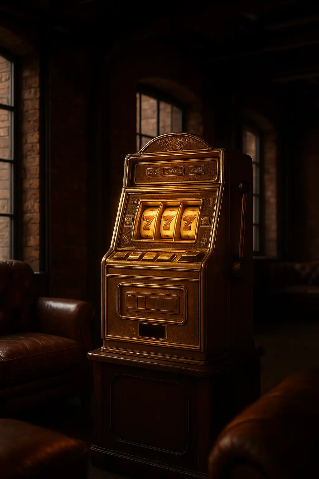 Elegant slot machine glowing inside an industrial London loft casino