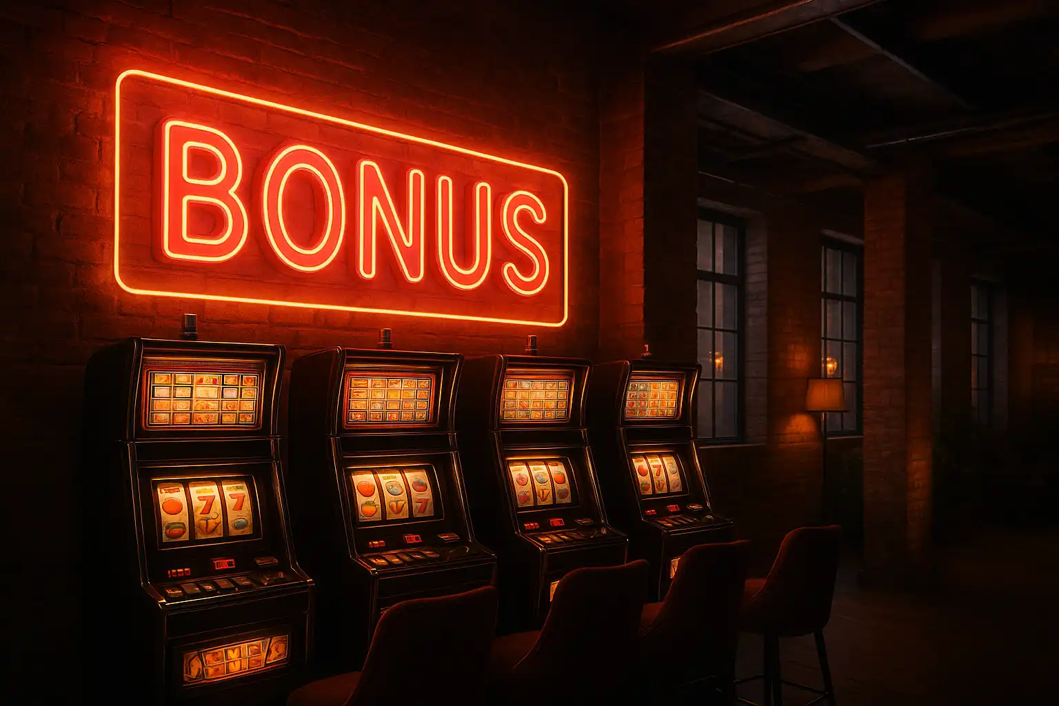 Neon bonus sign glowing above a row of slot machines in a London loft casino