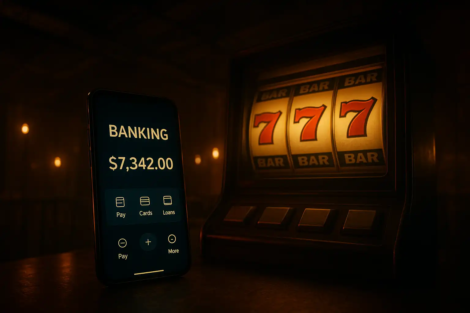 Smartphone showing a banking app next to a glowing slot machine screen