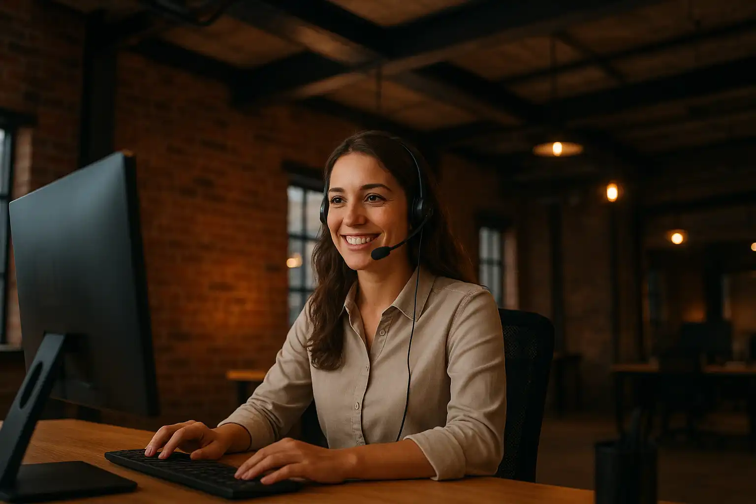 Support agent at a desk with headset inside an industrial styled office