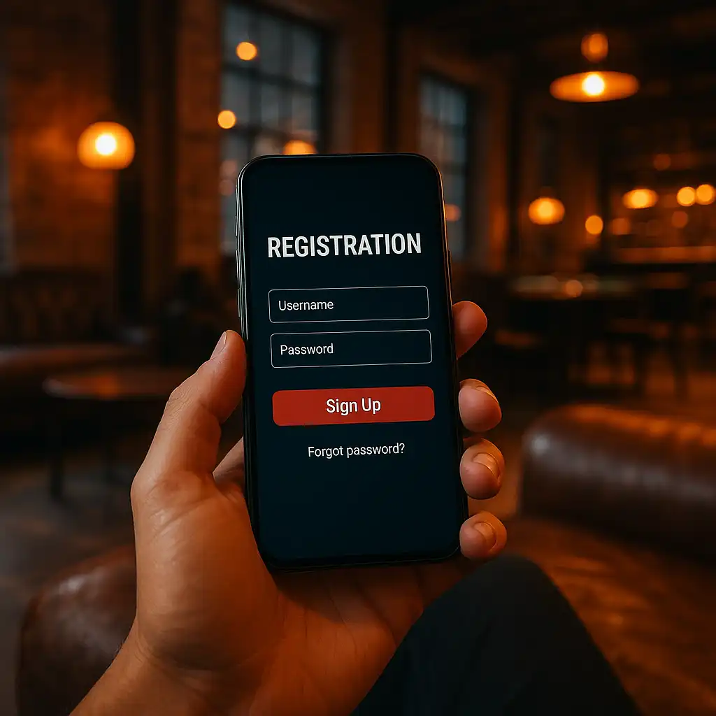 Player registering an account on a phone inside a London loft casino
